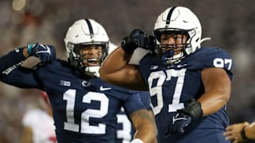 Penn State Nittany Lions defensive tackle (97) reacts following a tackle on Indiana Hoosiers running back Stephen Carr (not pictured) during the second quarter at Beaver Stadium. Mandatory Credit: Matthew OHaren-USA TODAY Sports