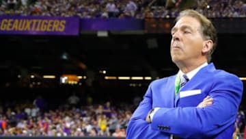 NEW ORLEANS, LOUISIANA - JANUARY 13: ESPN commentator Nick Saban during the Clemson v LSU game in the College Football Playoff National Championship game at Mercedes Benz Superdome on January 13, 2020 in New Orleans, Louisiana. (Photo by Kevin C. Cox/Getty Images)