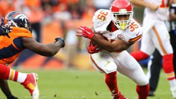 Nov 15, 2015; Denver, CO, USA; Kansas City Chiefs running back Charcandrick West (35) runs the ball during the first half against the Denver Broncos at Sports Authority Field at Mile High. Mandatory Credit: Chris Humphreys-USA TODAY Sports