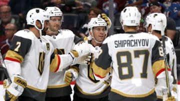 DENVER, CO - SEPTEMBER 19: Jonathan Marchessault #81 of the Vegas Golden Knighhts is congratulated by his teammates after scoring a goal against the Colorado Avalanche at the Pepsi Center on September 19, 2017 in Denver, Colorado. (Photo by Matthew Stockman/Getty Images)