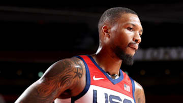 SAITAMA, JAPAN - AUGUST 07: Damian Lillard #6 of Team United States looks on against Team France during the first half of a Men's Basketball Finals game on day fifteen of the Tokyo 2020 Olympic Games at Saitama Super Arena on August 07, 2021 in Saitama, Japan. (Photo by Gregory Shamus/Getty Images)