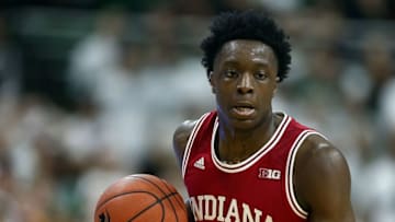 Feb 14, 2016; East Lansing, MI, USA; Indiana Hoosiers forward OG Anunoby (3) brings the ball up court during the first half of a game against the Michigan State Spartans at Jack Breslin Student Events Center. Mandatory Credit: Mike Carter-USA TODAY Sports