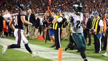 Sep 19, 2016; Chicago, IL, USA; Philadelphia Eagles running back Ryan Mathews (24) scores a touchdown against the Chicago Bears during the second half at Soldier Field. The Eagles won 29-14. Mandatory Credit: Mike DiNovo-USA TODAY Sports