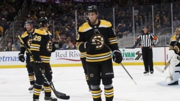 BOSTON, MA - SEPTEMBER 25: Boston Bruins right wing Anders Bjork (10) skates out for a face off during a preseason game between the Boston Bruins and the New Jersey Devils on September 25, 2019, at TD Garden in Boston, Massachusetts. (Photo by Fred Kfoury III/Icon Sportswire via Getty Images)