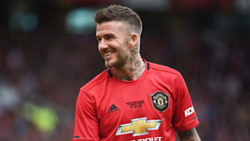 MANCHESTER, ENGLAND - MAY 26: David Beckham of Manchester United Legends looks on during the Manchester United '99 Legends and FC Bayern Legends at Old Trafford on May 26, 2019 in Manchester, England. (Photo by Nathan Stirk/Getty Images)