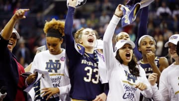 COLUMBUS, OH - APRIL 01: Kathryn Westbeld #33 of the Notre Dame Fighting Irish celebrates with her teammates after their championship win over the Mississippi State Lady Bulldogs in the championship game of the 2018 NCAA Women's Final Four at Nationwide Arena on April 1, 2018 in Columbus, Ohio. The Notre Dame Fighting Irish defeated the Mississippi State Lady Bulldogs 61-58. (Photo by Andy Lyons/Getty Images)