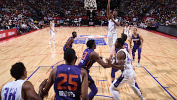 LAS VEGAS, NV - JULY 7: Harry Giles #20 of the Sacramento Kings shoots the ball against the Phoenix Suns during the 2018 Las Vegas Summer League on July 7, 2018 at the Thomas & Mack Center in Las Vegas, Nevada. NOTE TO USER: User expressly acknowledges and agrees that, by downloading and/or using this Photograph, user is consenting to the terms and conditions of the Getty Images License Agreement. Mandatory Copyright Notice: Copyright 2018 NBAE (Photo by Garrett Ellwood/NBAE via Getty Images)