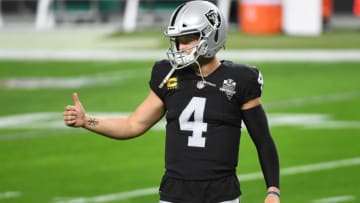 LAS VEGAS, NEVADA - DECEMBER 26: Derek Carr #4 of the Las Vegas Raiders participates in warmups prior to a game against the Miami Dolphins at Allegiant Stadium on December 26, 2020 in Las Vegas, Nevada. (Photo by Ethan Miller/Getty Images)