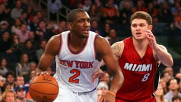Nov 27, 2015; New York, NY, USA; New York Knicks guard Langston Galloway (2) drives past Miami Heat guard Tyler Johnson (8) during the fourth quarter at Madison Square Garden. Miami Heat won 97-78. Mandatory Credit: Anthony Gruppuso-USA TODAY Sports