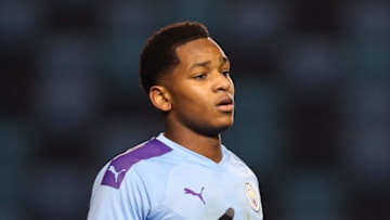 MANCHESTER, ENGLAND - FEBRUARY 06: Jayden Braaf of Manchester City reacts during the FA Youth Cup: Fifth Round match between Manchester City and Fulham FC at The Academy Stadium on February 06, 2020 in Manchester, England. (Photo by Charlotte Tattersall/Getty Images)