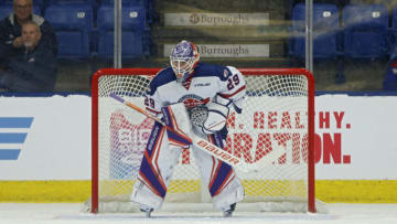 PLYMOUTH, MICHIGAN - JANUARY 16: Jacob Fowler #29 looks on while tending goal in the first period of the 2023 BioSteel All-American game at USA Hockey Arena on January 16, 2023 in Plymouth, Michigan. (Photo by Mike Mulholland/Getty Images)