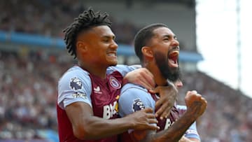 BIRMINGHAM, ENGLAND - AUGUST 20: Douglas Luiz of Aston Villa celebrates after scoring the team's second goal from a penalty kick during the Premier League match between Aston Villa and Everton FC at Villa Park on August 20, 2023 in Birmingham, England. (Photo by Clive Mason/Getty Images)