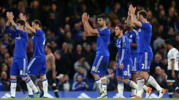 LONDON, ENGLAND - MAY 02 : Diego Costa of Chelsea applauds as he stands with his team mates after the Barclays Premier League match between Chelsea and Tottenham Hotspur at Stamford Bridge on May 2, 2016 in London, England. (Photo by Catherine Ivill - AMA/Getty Images)