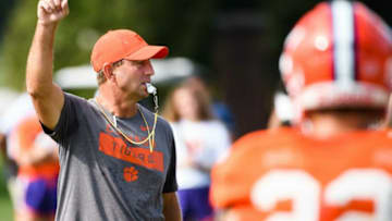 Clemson head coach Dabo Swinney blows his whistle during practice Thursday, Aug. 12, 2021.Jm Clemson 081221 021