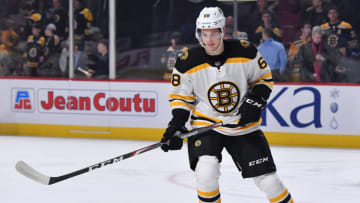 MONTREAL, QC - NOVEMBER 26: Jack Studnicka #68 of the Boston Bruins warms up prior to the game against the Montreal Canadiens in the NHL game at the Bell Centre on November 26, 2019 in Montreal, Quebec, Canada. (Photo by Francois Lacasse/NHLI via Getty Images)