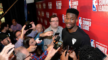 LAS VEGAS, NV - JULY 9: DeAndre Ayton of the Phoenix Suns speaks with the media during the 2018 Las Vegas Summer League on July 9, 2018 at the Thomas & Mack Center in Las Vegas, Nevada. NOTE TO USER: User expressly acknowledges and agrees that, by downloading and/or using this photograph, user is consenting to the terms and conditions of the Getty Images License Agreement. Mandatory Copyright Notice: Copyright 2018 NBAE (Photo by David Dow/NBAE via Getty Images)