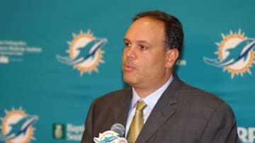 Jan 9, 2016; Davie, FL, USA; Miami Dolphins executive vice president football operations Mike Tannenbaum addresses reporters during a press conference at Doctors Hospital Training Facility. Mandatory Credit: Steve Mitchell-USA TODAY Sports