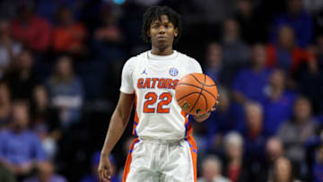 GAINESVILLE, FLORIDA - FEBRUARY 09: Tyree Appleby #22 of the Florida Gators dribbles the ball during the first half of a game against the Georgia Bulldogs at the Stephen C. O'Connell Center on February 09, 2022 in Gainesville, Florida. (Photo by James Gilbert/Getty Images)