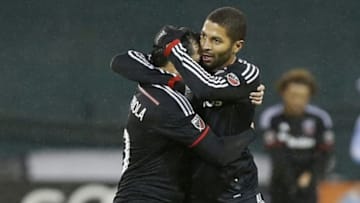 Oct 2, 2015; Washington, DC, USA; D.C. United forward Alvaro Saboru (9) celebrates with D.C. United forward Fabian Espindola (10) after their game against New York City FC at Robert F. Kennedy Memorial Stadium. United won 2-1. Mandatory Credit: Geoff Burke-USA TODAY Sports