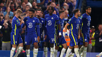 LONDON, ENGLAND - SEPTEMBER 22: Timo Werner celebrates with teammate Reece James of Chelsea after scoring their team's first goal during the Carabao Cup Third Round match between Chelsea and Aston Villa at Stamford Bridge on September 22, 2021 in London, England. (Photo by Catherine Ivill/Getty Images)