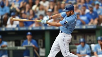 Jun 26, 2016; Kansas City, MO, USA; Kansas City Royals first basemen Eric Hosmer (35) hits a two-run double against the Houston Astros during the seventh inning at Kauffman Stadium. Mandatory Credit: Peter G. Aiken-USA TODAY Sports