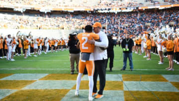 Tennessee Head Coach Josh Heupel hugs defensive back Alontae Taylor (2) during senior day ceremonies before the start of the NCAA college football game between the Tennesse Volunteers and Vanderbilt Commodores in Knoxville, Tenn. on Saturday, November 27, 2021.Kns Tennessee Vanderbilt Football