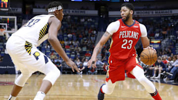 NEW ORLEANS, LA - MARCH 21: Anthony Davis #23 of the New Orleans Pelicans drives against Myles Turner #33 of the Indiana Pacers during the first half at the Smoothie King Center on March 21, 2018 in New Orleans, Louisiana. NOTE TO USER: User expressly acknowledges and agrees that, by downloading and or using this photograph, User is consenting to the terms and conditions of the Getty Images License Agreement. (Photo by Jonathan Bachman/Getty Images)