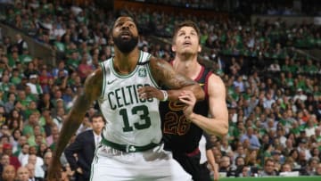 BOSTON, MA - MAY 23: Marcus Morris #13 of the Boston Celtics and Kyle Korver #26 of the Cleveland Cavaliers box out during Game Five of the Eastern Conference Finals of the 2018 NBA Playoffs on May 23, 2018 at the TD Garden in Boston, Massachusetts. NOTE TO USER: User expressly acknowledges and agrees that, by downloading and or using this photograph, User is consenting to the terms and conditions of the Getty Images License Agreement. Mandatory Copyright Notice: Copyright 2018 NBAE (Photo by Brian Babineau/NBAE via Getty Images)
