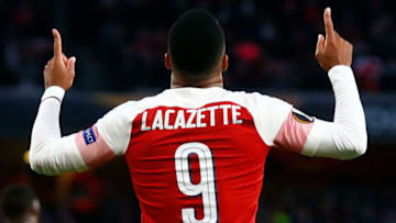Alexandre Lacazette of Arsenal celebrate his goalduring UEFA Europa League Semi- Final 1st Leg between Arsenal and Valencia at Emirates stadium , London, United Kingdom on 02nd May 2019. (Photo by Action Foto Sport/NurPhoto via Getty Images)