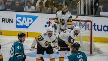 SAN JOSE, CA - APRIL 23: San Jose Sharks center Tomas Hertl (48) and San Jose Sharks left wing Evander Kane (9) talk over strategies before a face off while Vegas Golden Knights left wing Max Pacioretty (67) and Vegas Golden Knights defenseman Deryk Engelland (5) get ready to defend the net during Game 7, Round 1 between the Vegas Golden Knights and the San Jose Sharks on Tuesday, April 23, 2019 at the SAP Center in San Jose, California. (Photo by Douglas Stringer/Icon Sportswire via Getty Images)