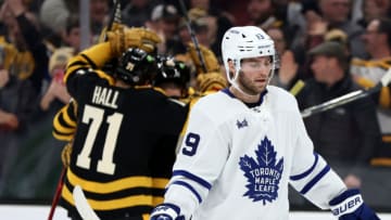 BOSTON, MASSACHUSETTS - JANUARY 14: Calle Jarnkrok #19 of the Toronto Maple Leafs reacts after Matt Grzelcyk #48 of the Boston Bruins scored a goal during the third period at TD Garden on January 14, 2023 in Boston, Massachusetts. The Bruins defeat the Maple Leafs 4-3. (Photo by Maddie Meyer/Getty Images)