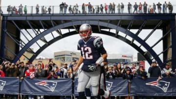Oct 26, 2014; Foxborough, MA, USA; New England Patriots quarterback Tom Brady (12) takes the field prior to the game against the Chicago Bears at Gillette Stadium. Mandatory Credit: Winslow Townson-USA TODAY Sports