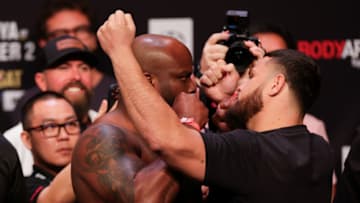 HOUSTON, TEXAS - FEBRUARY 11: Derrick Lewis faces off against Tai Tuivasa prior to UFC 271 at Toyota Center on February 11, 2022 in Houston, Texas. (Photo by Carmen Mandato/Getty Images)