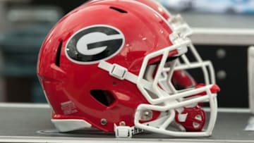 Nov 2, 2013; Jacksonville, FL, USA; A Georgia Bulldogs helmet sits on the sideline during the first half of the game against the Florida Gators at EverBank Field. Mandatory Credit: Rob Foldy-USA TODAY Sports