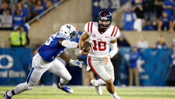 LEXINGTON, KY - NOVEMBER 04: Jordan Ta'amu #10 of the Mississippi Rebels throws a pass against the Kentucky Wildcats at Commonwealth Stadium on November 4, 2017 in Lexington, Kentucky. (Photo by Andy Lyons/Getty Images)
