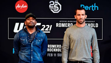 PERTH, AUSTRALIA - FEBRUARY 07: (L-R) Yoel Romero of Cuba and Luke Rockhold face off during the UFC 221 Press Conference at Perth Arena on February 7, 2018 in Perth, Australia. (Photo by Jeff Bottari/Zuffa LLC/Zuffa LLC via Getty Images)