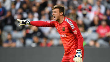 LOS ANGELES, CA - MAY 13: Los Angeles FC goalkeeper Tyler Miller (1) directs the defense during the game between New York City FC and the Los Angeles FC on May 13, 2018, at Banc of California Stadium in Los Angeles, CA. (Photo by David Dennis/Icon Sportswire via Getty Images)