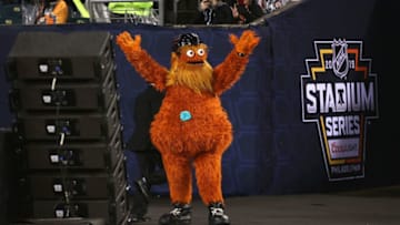 PHILADELPHIA, PA - FEBRUARY 23: Mascot Gritty of the Philadelphia Flyers entertains the stadium fans during the 2019 Coors Light NHL Stadium Series game between the Pittsburgh Penguins and the Philadelphia Flyers at Lincoln Financial Field on February 23, 2019 in Philadelphia, Pennsylvania. (Photo by Andre Ringuette/NHLI via Getty Images)