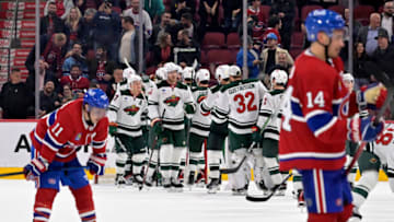 Oct 17, 2023; Montreal, Quebec, CAN; The Minnesota Wild celebrate the win against the Montreal Canadiens at the Bell Centre. Mandatory Credit: Eric Bolte-USA TODAY Sports
