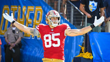 CARSON, CA - SEPTEMBER 30: Tight end George Kittle #85 of the San Francisco 49ers celebrates his touchdown against the Los Angeles Chargers at StubHub Center on September 30, 2018 in Carson, California. (Photo by Jayne Kamin-Oncea/Getty Images)