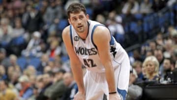 Jan 8, 2014; Minneapolis, MN, USA; Minnesota Timberwolves forward Kevin Love (42) looks on during the first quarter against the Phoenix Suns at Target Center. The Suns defeated the Timberwolves 104-103. Mandatory Credit: Brace Hemmelgarn-USA TODAY Sports