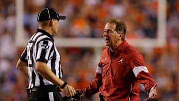 AUBURN, ALABAMA - NOVEMBER 30: Head coach Nick Saban of the Alabama Crimson Tide reacts to head linesman Thomas Eaton during the game against the Auburn Tigers at Jordan Hare Stadium on November 30, 2019 in Auburn, Alabama. (Photo by Kevin C. Cox/Getty Images)