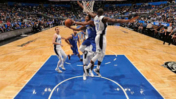 ORLANDO, FL - OCTOBER 5: Dennis Smith Jr. #1 of the Dallas Mavericks goes to the basket against the Orlando Magic during a preseason game on October 5, 2017 at Amway Center in Orlando, Florida. NOTE TO USER: User expressly acknowledges and agrees that, by downloading and or using this photograph, User is consenting to the terms and conditions of the Getty Images License Agreement. Mandatory Copyright Notice: Copyright 2017 NBAE (Photo by Fernando Medina/NBAE via Getty Images)
