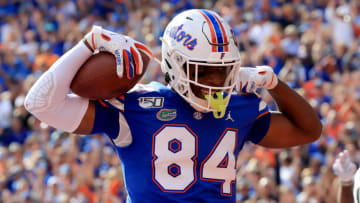 GAINESVILLE, FLORIDA - NOVEMBER 09: Kyle Pitts #84 of the Florida Gators celebrates a touchdown during the game against the Vanderbilt Commodores at Ben Hill Griffin Stadium on November 09, 2019 in Gainesville, Florida. (Photo by Sam Greenwood/Getty Images)