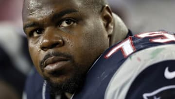 Sep 12, 2013; Foxborough, MA, USA; New England Patriots defensive tackle Vince Wilfork (75) during the fourth quarter against the New York Jets at Gillette Stadium. The New England Patriots won 13-10. Mandatory Credit: Greg M. Cooper-USA TODAY Sports