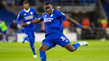 CARDIFF, WALES - NOVEMBER 02: Niels Nkounkou of Cardiff City shoots during the Sky Bet Championship match between Cardiff City and Watford at the Cardiff City Stadium on November 02, 2022 in Cardiff, Wales. (Photo by Athena Pictures/Getty Images)