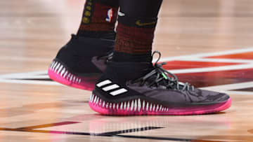 SALT LAKE CITY, UT - MAY 4: the sneakers worn by Donovan Mitchell #45 of the Utah Jazz are seen against the Houston Rockets during Game Three of the Western Conference Semifinals of the 2018 NBA Playoffs on May 4, 2018 at the Vivint Smart Home Arena Salt Lake City, Utah. NOTE TO USER: User expressly acknowledges and agrees that, by downloading and or using this photograph, User is consenting to the terms and conditions of the Getty Images License Agreement. Mandatory Copyright Notice: Copyright 2018 NBAE (Photo by Andrew D. Bernstein/NBAE via Getty Images)