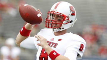Sep 8, 2012; East Hartford, CT, USA; North Carolina State Wolfpack quarterback Mike Glennon (8) before the start of the game against the Connecticut Huskies at Rentschler Field. Mandatory Credit: David Butler II-USA TODAY Sports