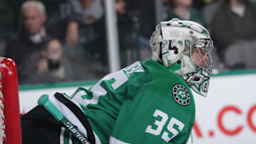 DALLAS, TX - MARCH 9: Anton Khudobin #35 of the Dallas Stars tends goal against the Vegas Golden Knights at the American Airlines Center on March 9, 2019 in Dallas, Texas. (Photo by Glenn James/NHLI via Getty Images)