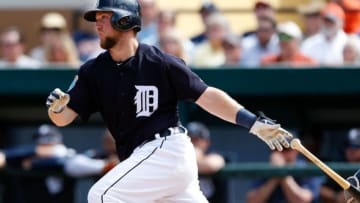 Mar 8, 2016; Lakeland, FL, USA; Detroit Tigers catcher Bryan Holaday (50) runs to first after a hit against the Tampa Bay Rays during the second inning at Joker Marchant Stadium. Mandatory Credit: Butch Dill-USA TODAY Sports